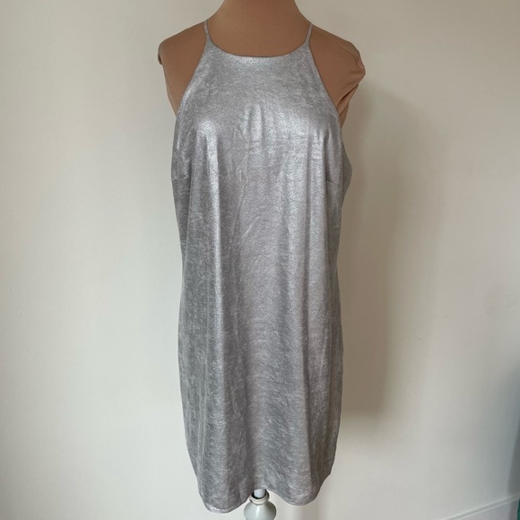 H Halston Metallic Crackle Silver High Neck Halter Mini Cocktail Dress EUC Sz 6 - Picture 5 of 12